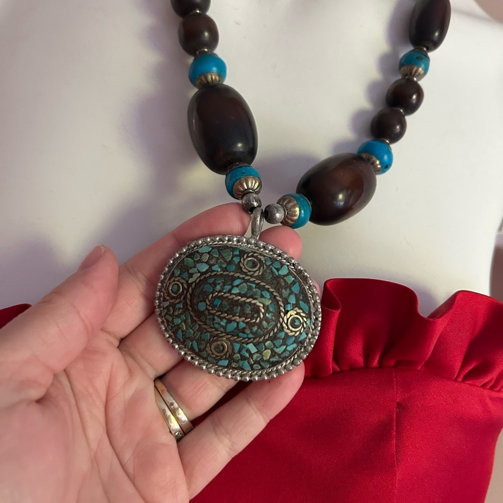 Turquoise and Brown Beaded Necklace with Silver Pendant 22 inches tribal 💙 - Picture 1 of 6